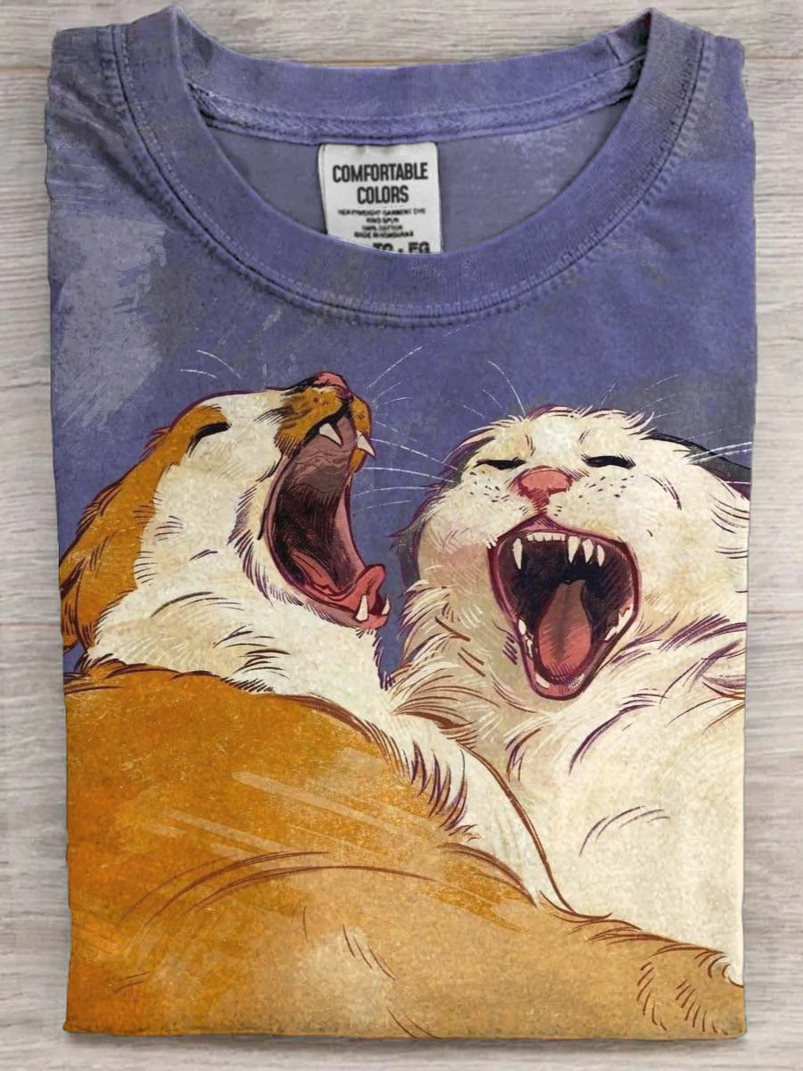 Yawning Cat Print Casual Short-Sleeve T-Shirt