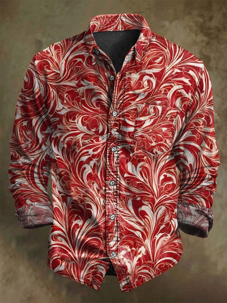 Floating Scroll Abstract Pattern Printed Casual Long-Sleeve Shirt