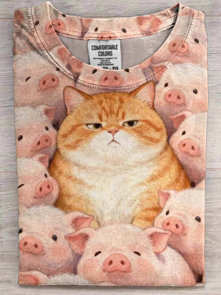 Funny Cat and Pig Print Casual Short-Sleeve T-Shirt