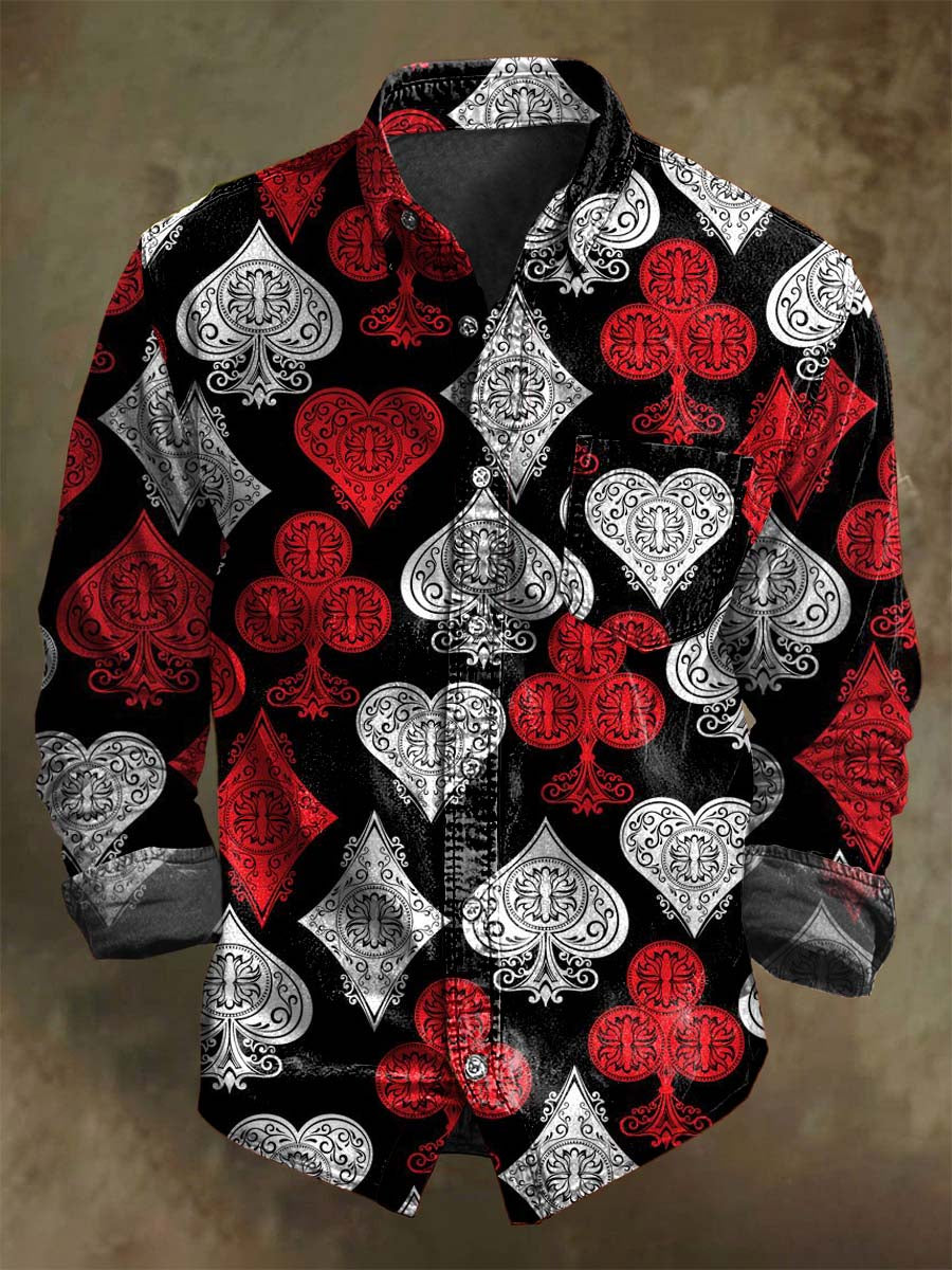 Retro Poker-Printed Casual Long-Sleeve Shirt