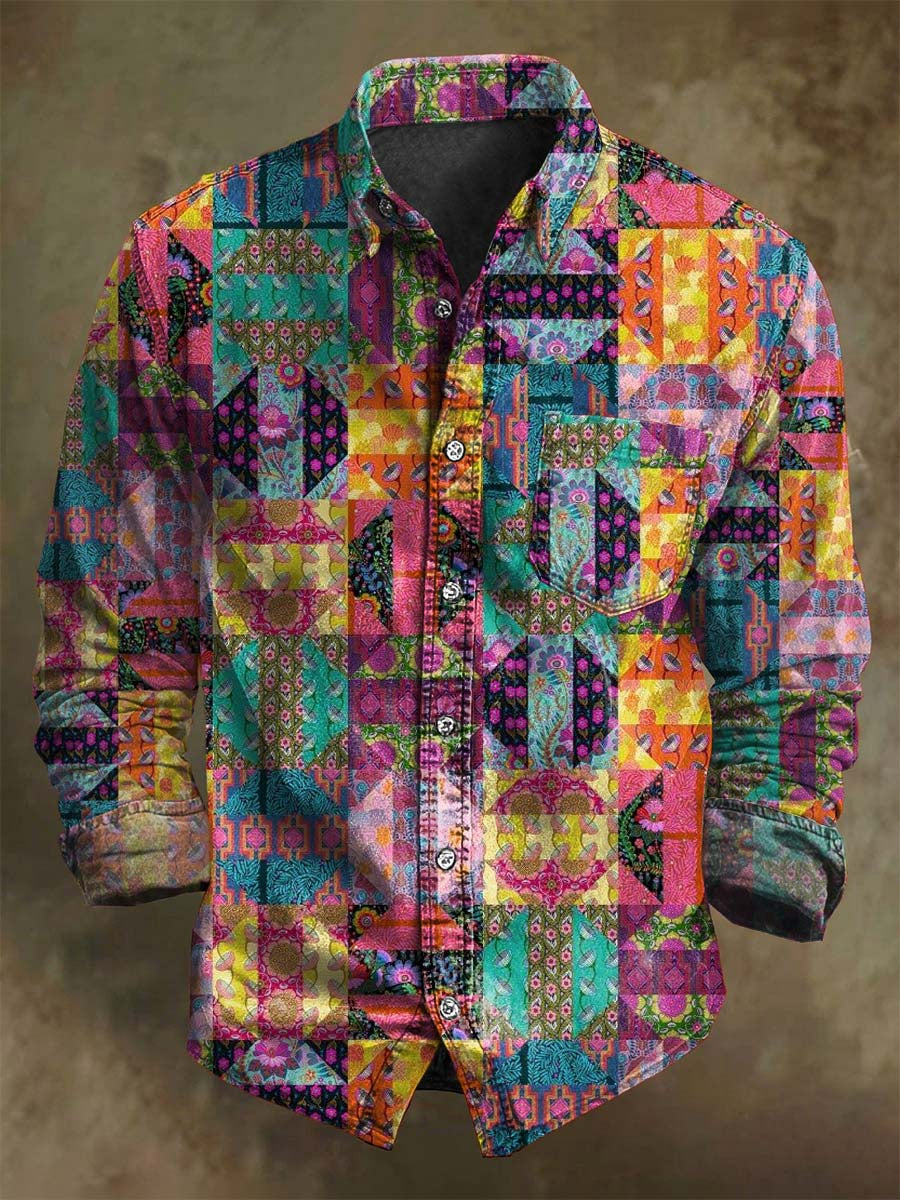 Retro Floral Geometric Print Casual Long-Sleeve Shirt
