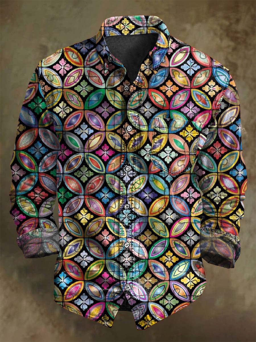 Retro Floral Geometric Print Casual Long-Sleeve Shirt