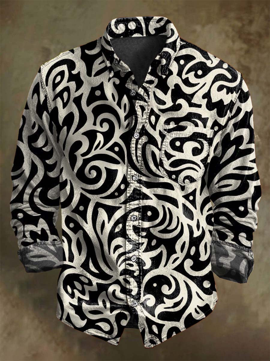 Retro Scrollwork Print Casual Long-Sleeve Shirt