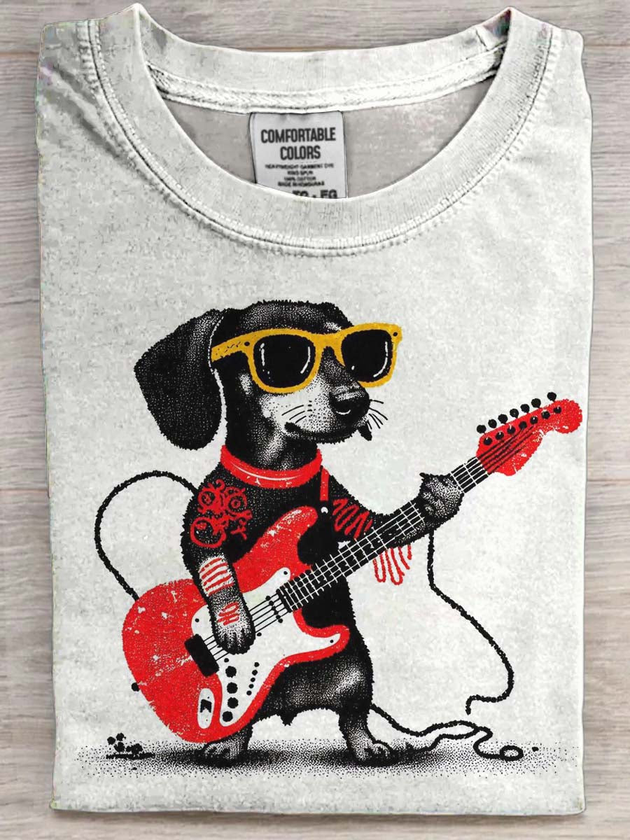 Guitarist Dachshund Print Casual Short-Sleeve T-Shirt