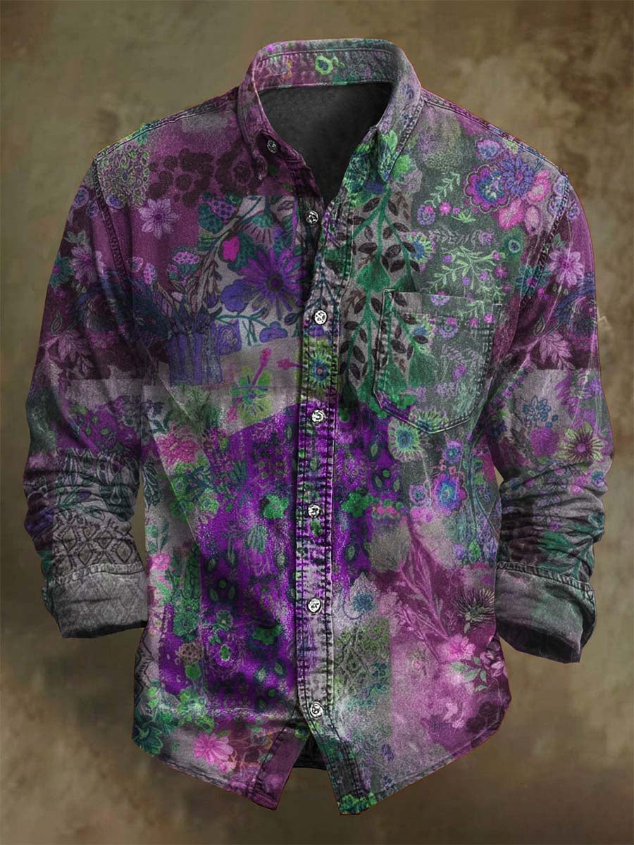Retro Floral Print Casual Long-Sleeve Shirt