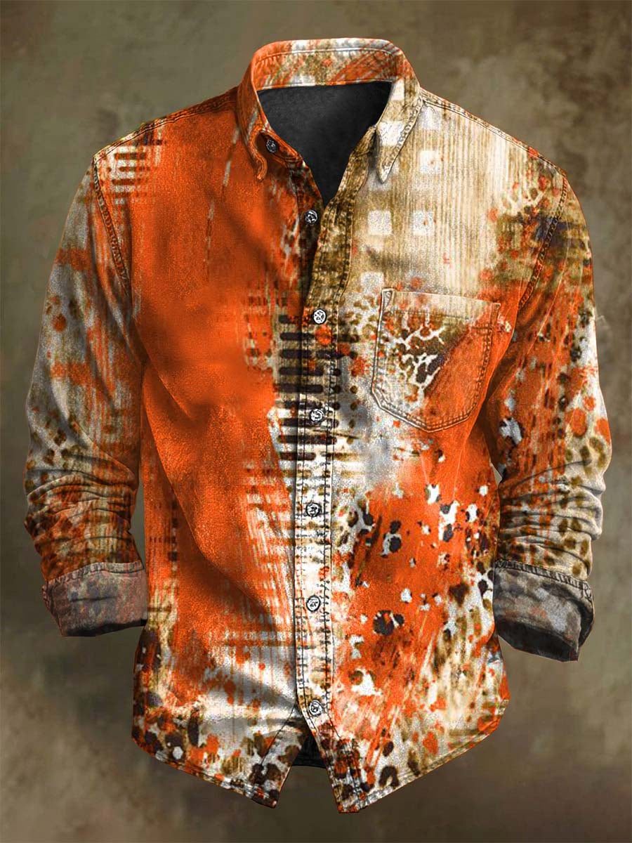 Abstract Color-Block Leopard Print Casual Long-Sleeve Shirt