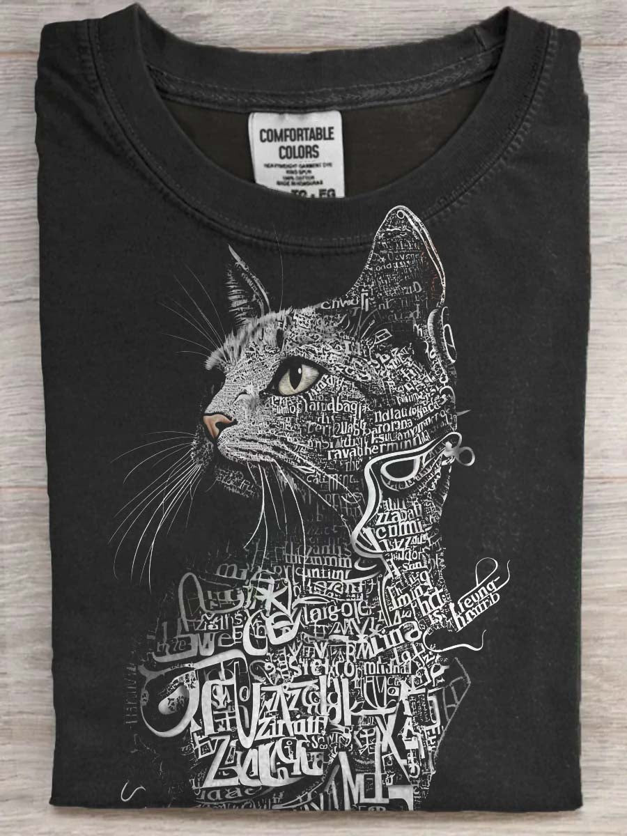 Abstract Alphabet Cat Print Casual Short-Sleeve T-Shirt