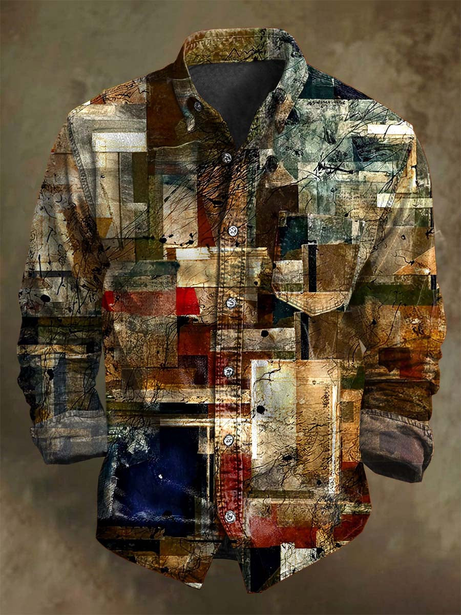 Abstract Irregular Geometric Print Casual Long-Sleeve Shirt