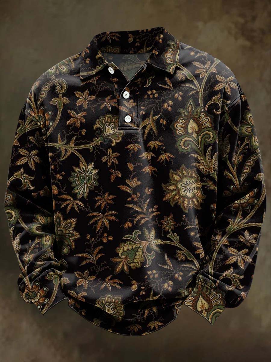 Retro Floral Print Casual Long-Sleeve Polo Shirt