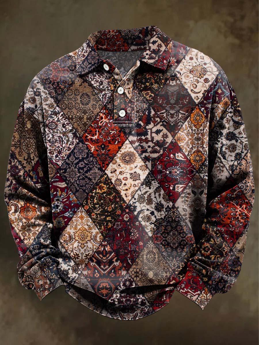 Retro Geometric Floral Print Casual Long-Sleeve Polo Shirt