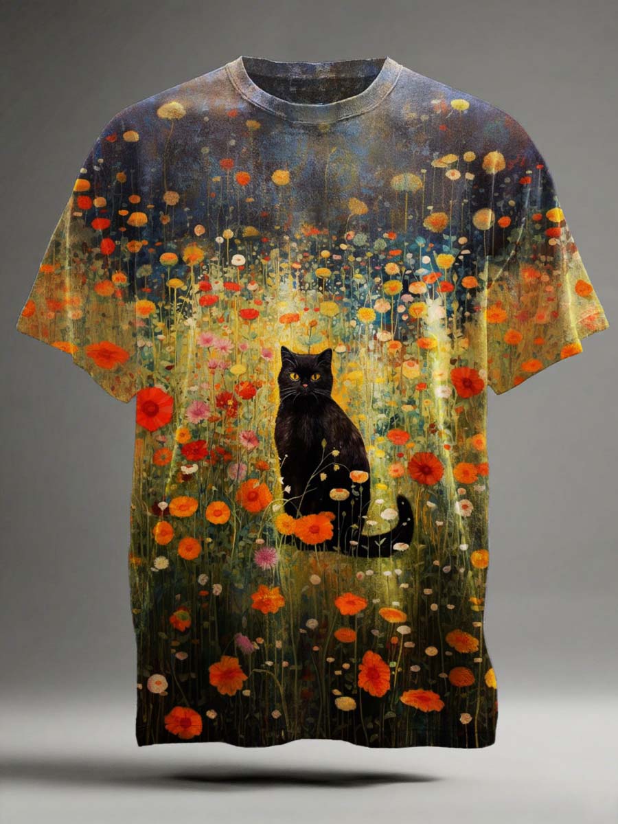 Floral Cat Print Casual Short-Sleeve T-Shirt