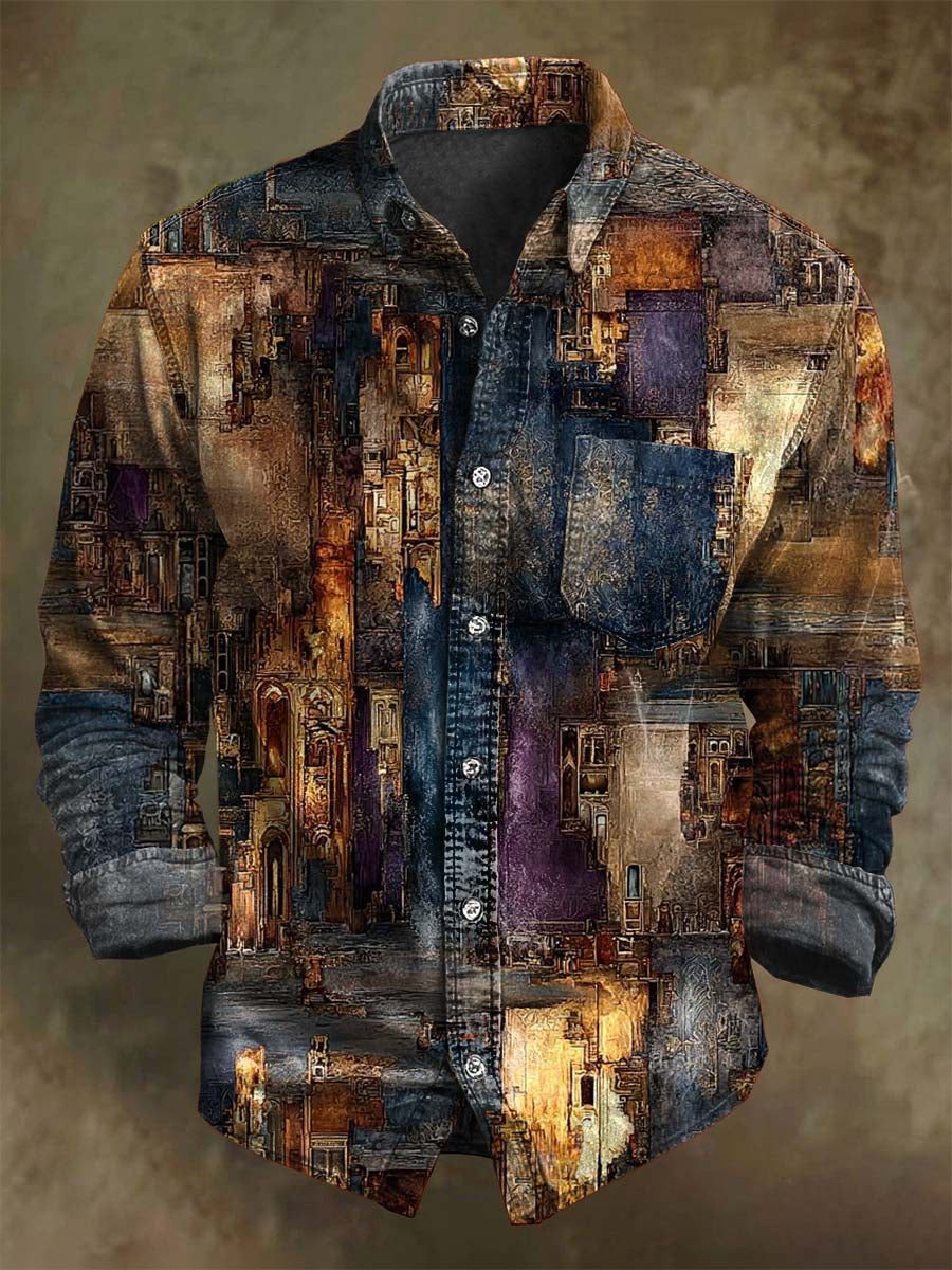 Abstract Retro Geometric Print Casual Long-Sleeve Shirt