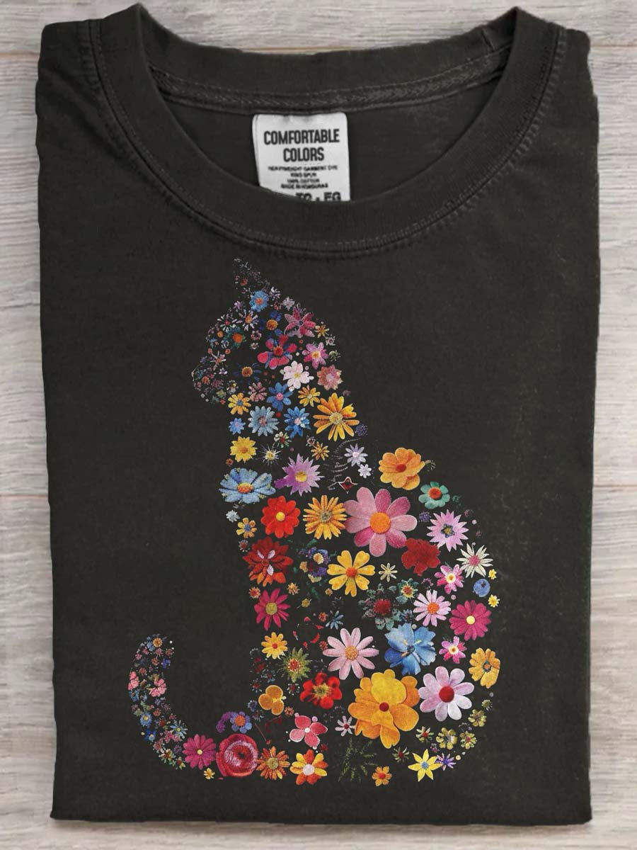 Abstract Floral Cat Print Casual Short-Sleeve T-Shirt