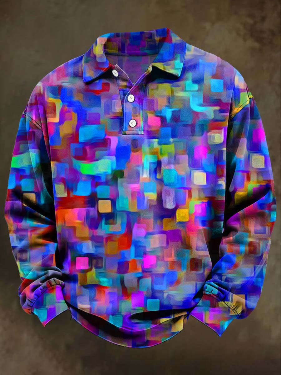 Abstract Geometric Print Casual Long-Sleeve Polo Shirt