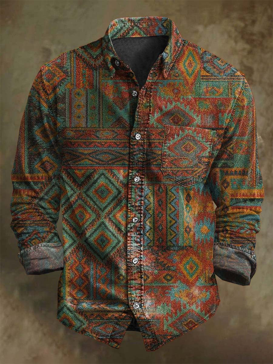 Abstract Vintage Ethnic-Inspired Geometric Patchwork Print Casual Long-Sleeve Shirt