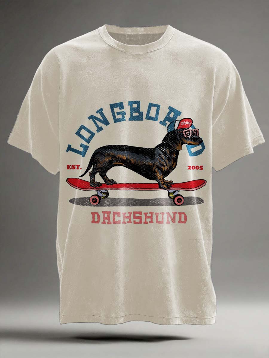 Dachshund Skateboard Print Casual Short-Sleeve T-Shirt