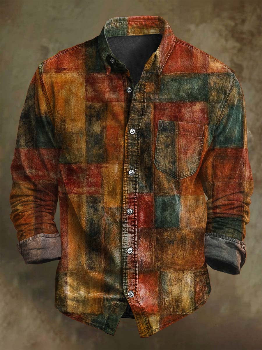 Abstract Vintage-Inspired Distressed Plaid Print Casual Long-Sleeve Shirt