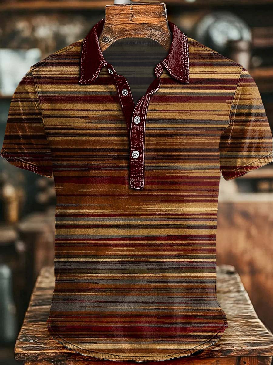 Retro Striped Print Short-Sleeve Polo Shirt