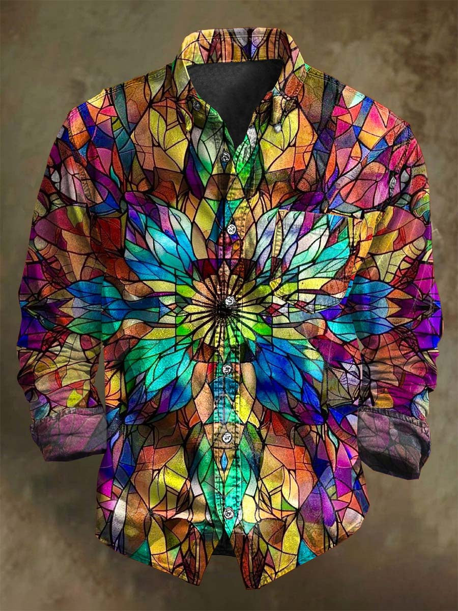 Abstract Colorful Window-Pane Print Casual Long-Sleeve Shirt