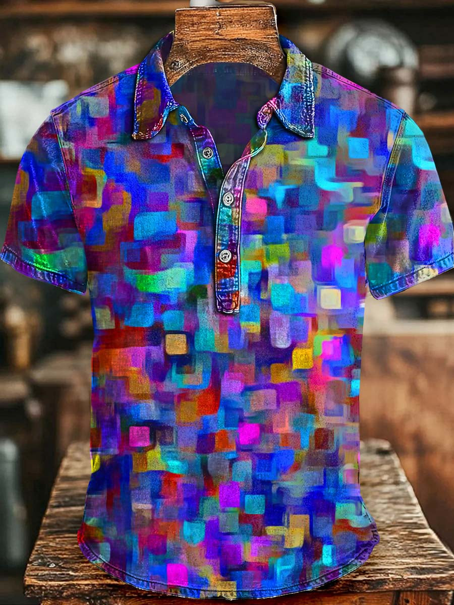 Abstract Geometric Print Short-Sleeve Polo Shirt
