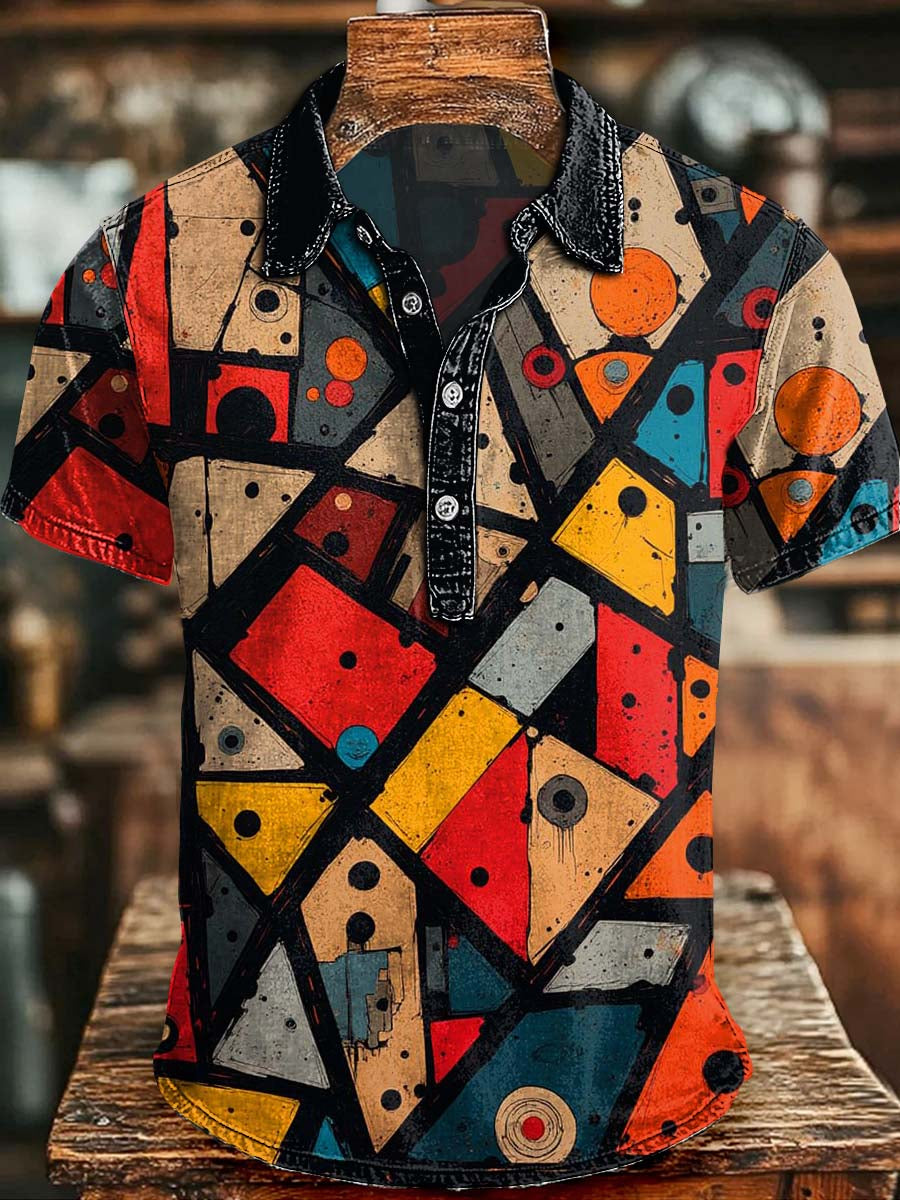 Abstract Geometric Print Short-Sleeve Polo Shirt