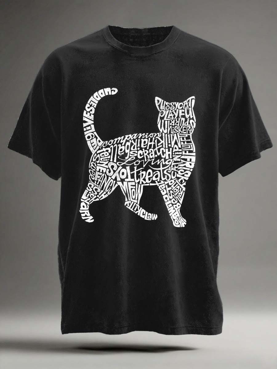 Abstract Alphabet Cat Print Casual Short-Sleeve T-Shirt