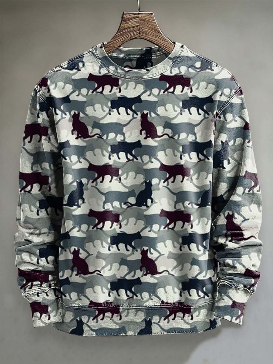 Abstract Color-Blocked Cat Print Casual Crewneck Sweatshirt
