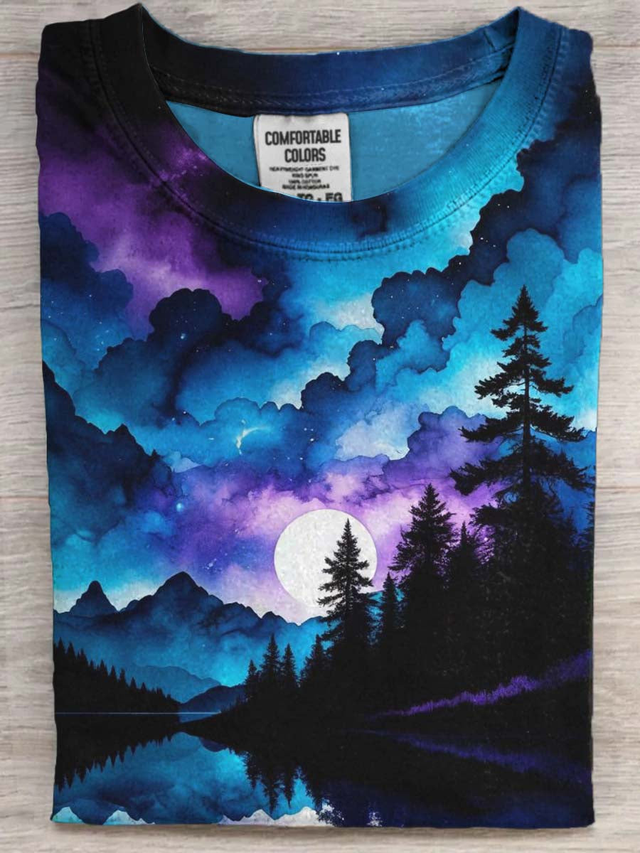 Watercolor-Effect Natural Landscape Print Casual Short-Sleeve T-Shirt