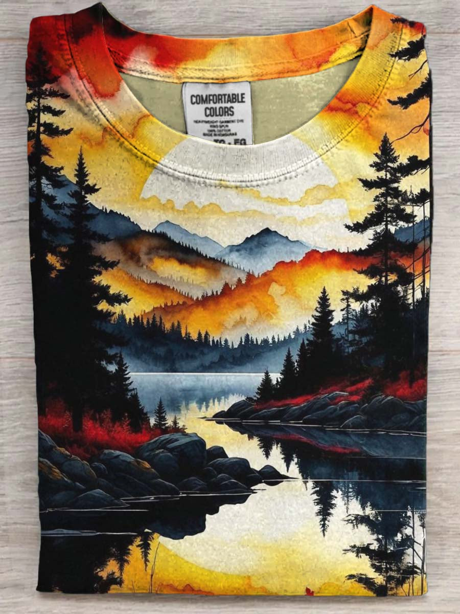 Watercolor-Effect Natural Landscape Print Casual Short-Sleeve T-Shirt