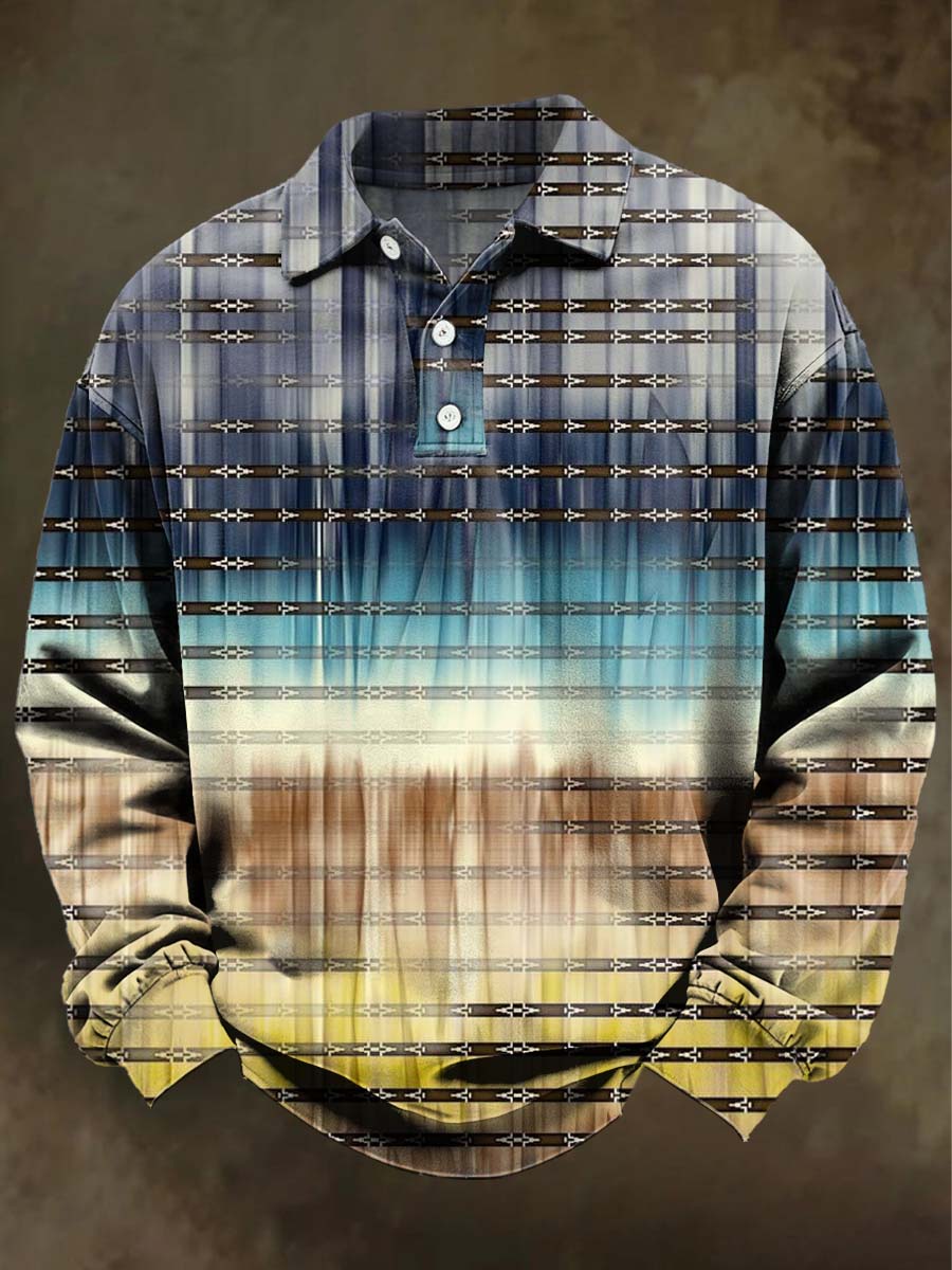Abstract Gradient Check Print Casual Long-Sleeve Polo Shirt