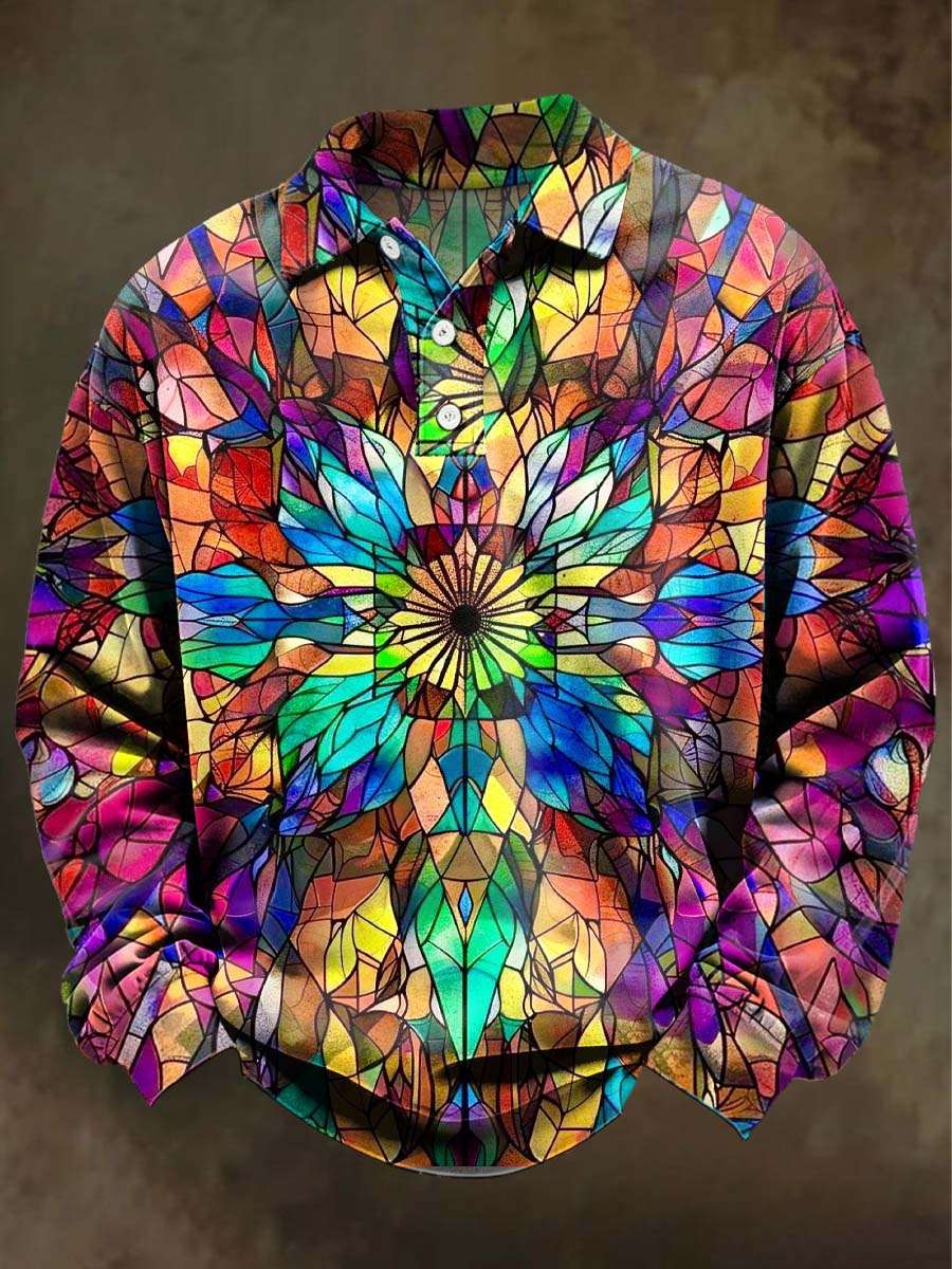 Abstract Colorful Glass Print Casual Long-Sleeve Polo Shirt