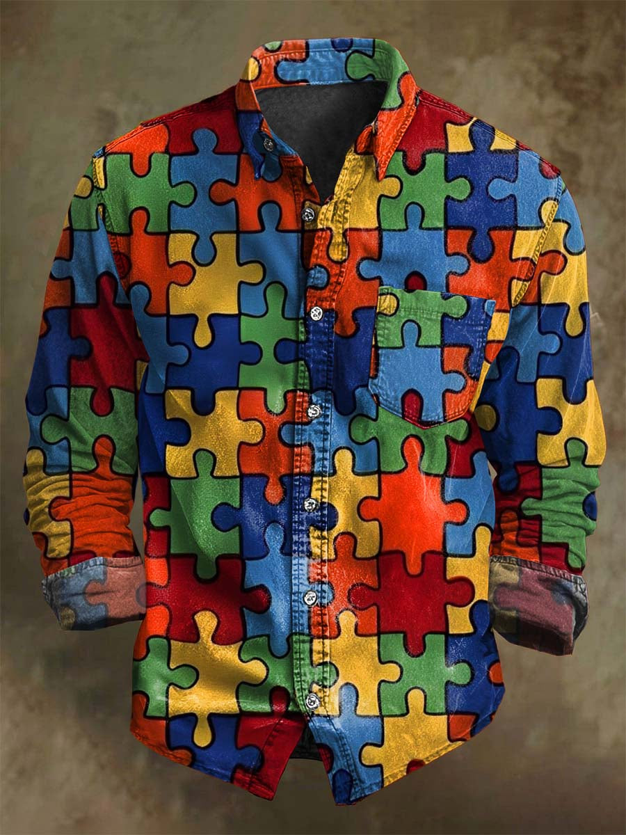 Abstract Block-Printed Casual Long-Sleeve Shirt