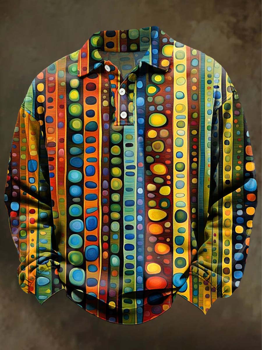 Abstract Color Stripe Polka Dot Print Casual Long-Sleeve Polo Shirt