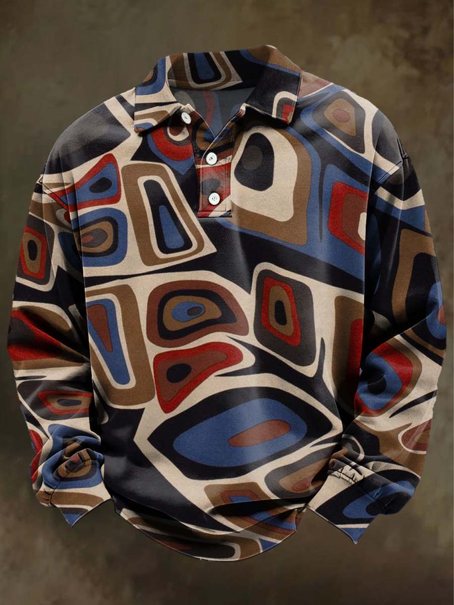 Abstract Color-Blocked Geometric Print Casual Long-Sleeve Polo Shirt