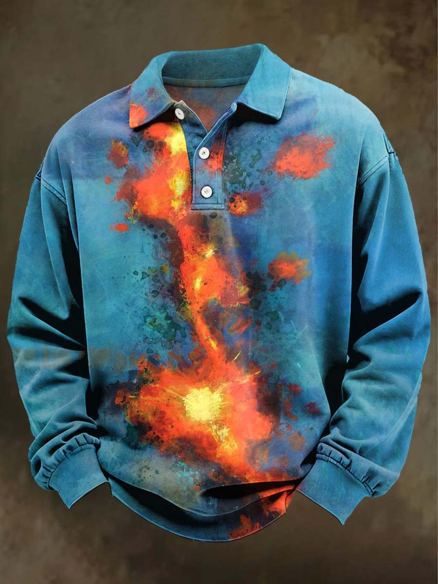 Abstract Color-Block Print Casual Long-Sleeve Polo Shirt