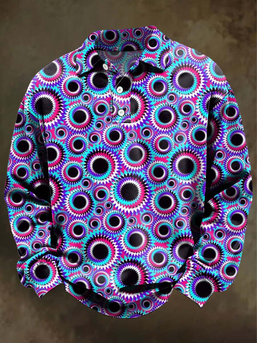 Abstract Psychedelic Print Casual Long-Sleeve Polo Shirt