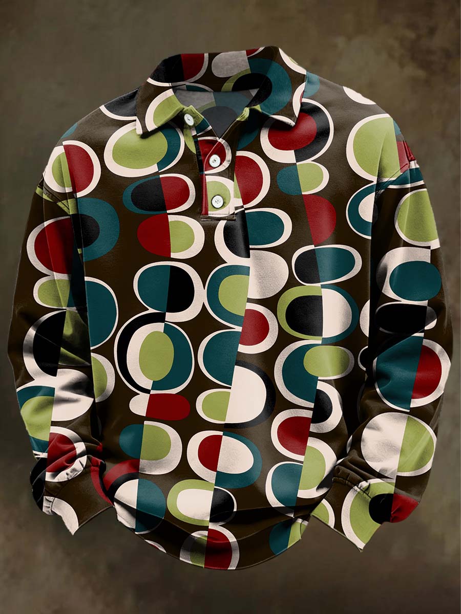 Abstract Irregular Geometric Print Casual Long-Sleeve Polo Shirt