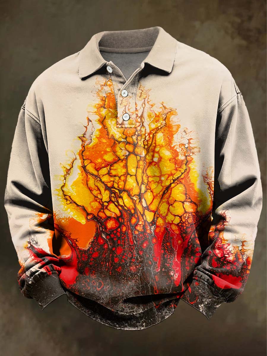 Abstract Color-Blocked Flame Print Casual Long-Sleeve Polo Shirt