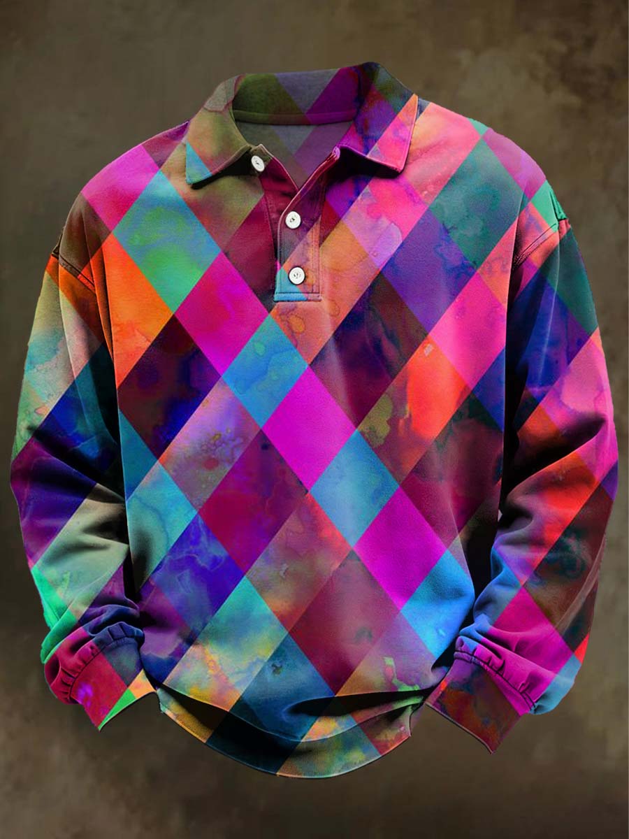 Abstract Color-Woven Plaid Print Casual Long-Sleeve Polo Shirt