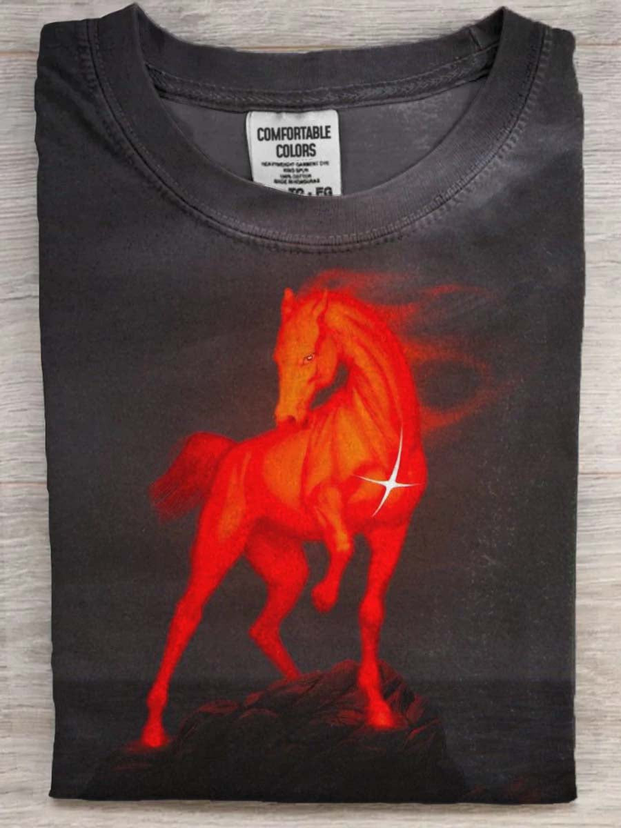 Abstract Red Horse Print Casual Short-Sleeve T-Shirt