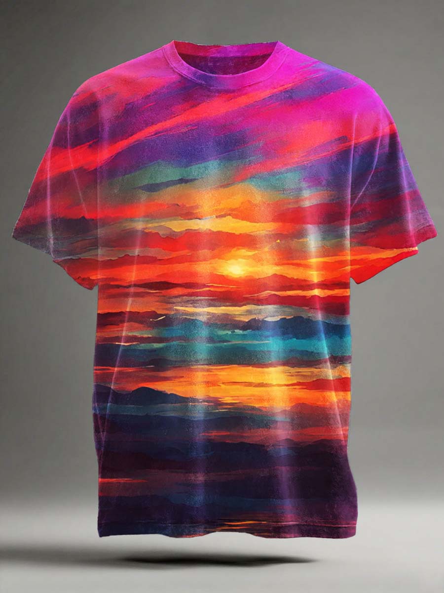 Dreamy Sunset Landscape Print Casual Short-Sleeve T-Shirt