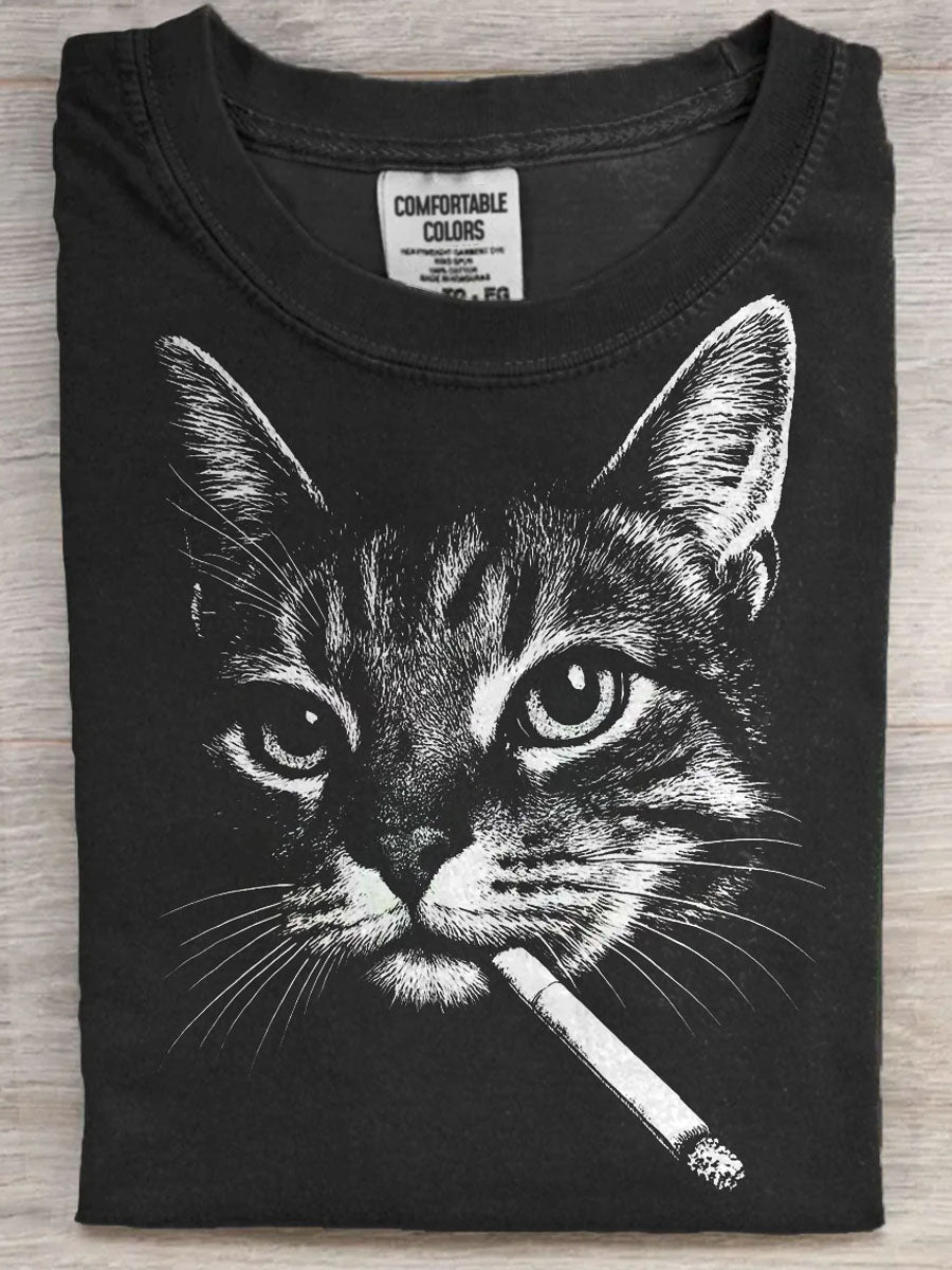Funny Cat Smoking Print Casual Short-Sleeve T-Shirt