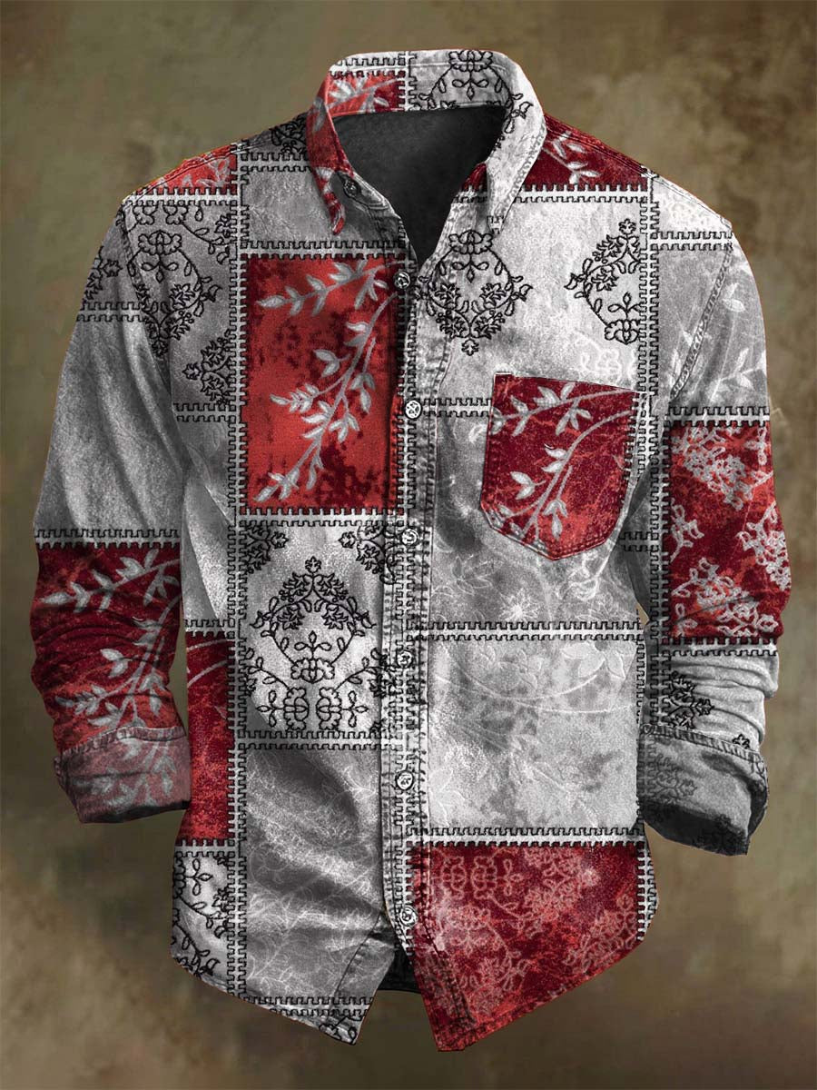 Retro Geometric Plaid Print Casual Long-Sleeve Shirt