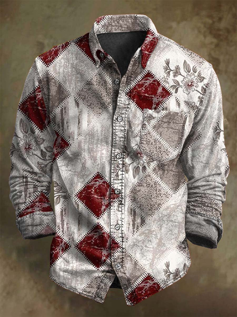 Retro Geometric Plaid Print Casual Long-Sleeve Shirt