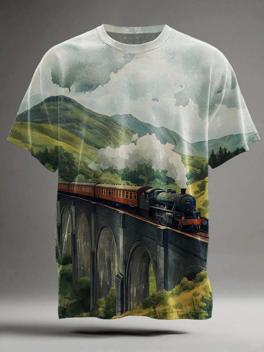 Steam Train Scenery Print Casual Short-Sleeve T-Shirt