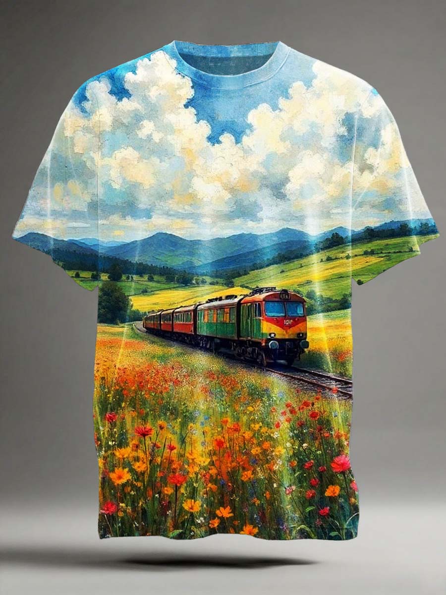 Countryside Scenery Train Print Casual Short-Sleeve T-Shirt