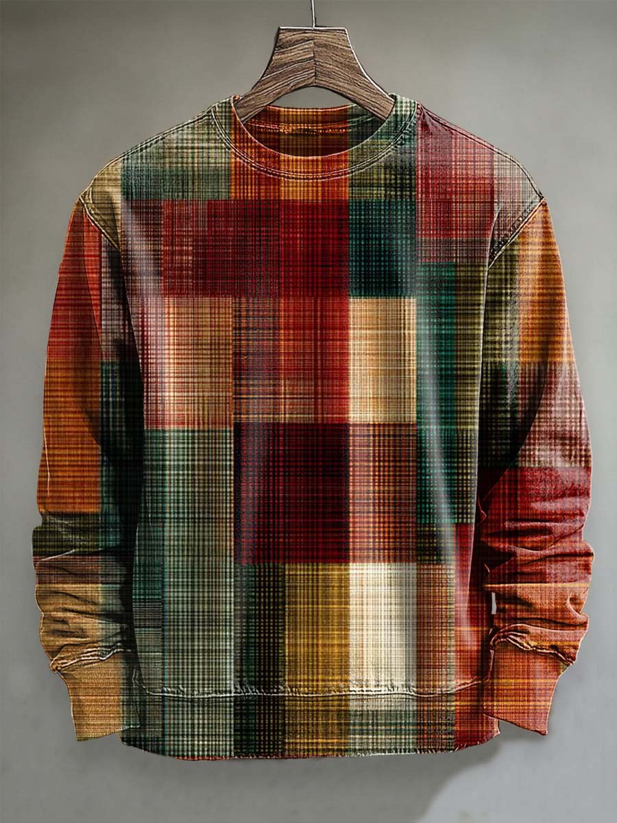 Abstract Vintage Plaid Print Casual Crewneck Sweatshirt