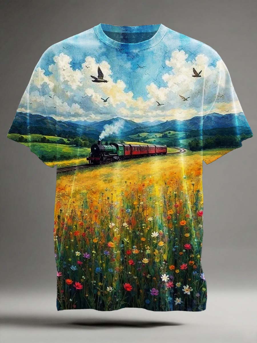 Rustic Steam Train Print Casual Short-Sleeve T-Shirt