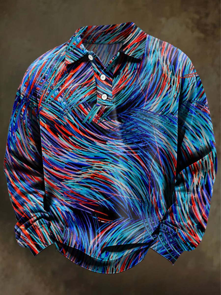 Abstract Line Print Casual Long-Sleeve Polo Shirt