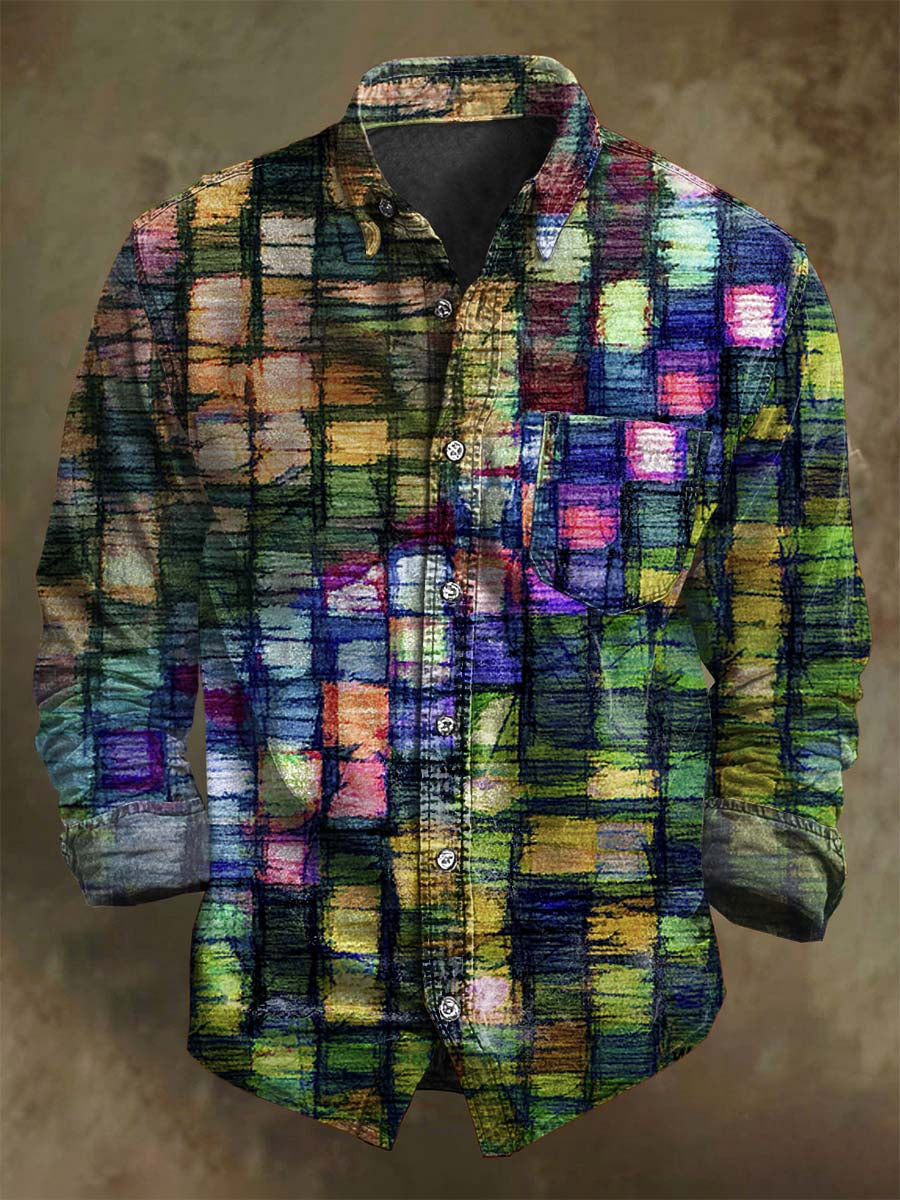 Abstract Gradient Check Print Casual Long-Sleeve Shirt